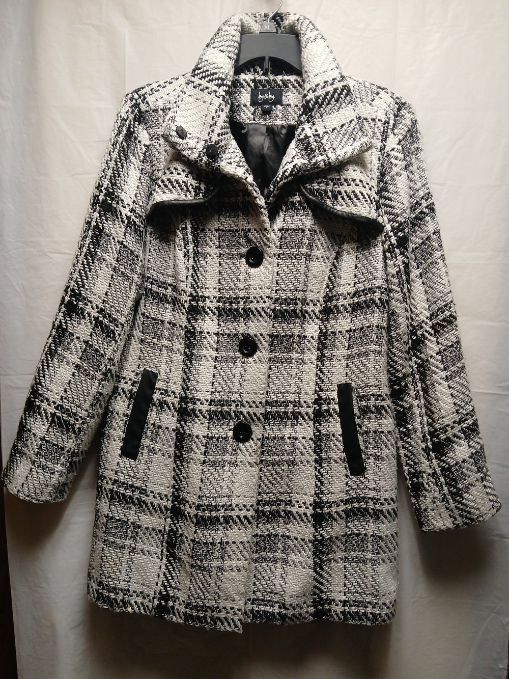 By & BY Black & White Plaid Wool-Blend Peacoat